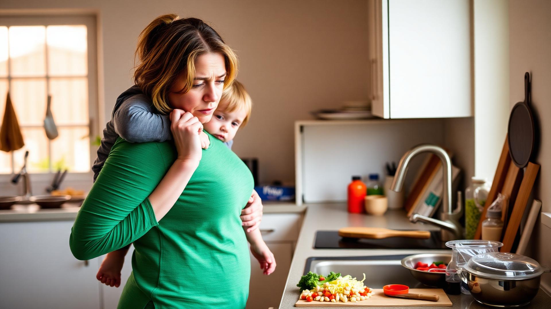 A tired mom in the kitchen holding her child while trying to make dinner